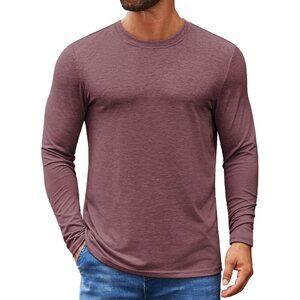 COOFANDY Men Dark Red  Crew Neck T-Shirt Long Sleeve Pullover Tees Soft Stretch